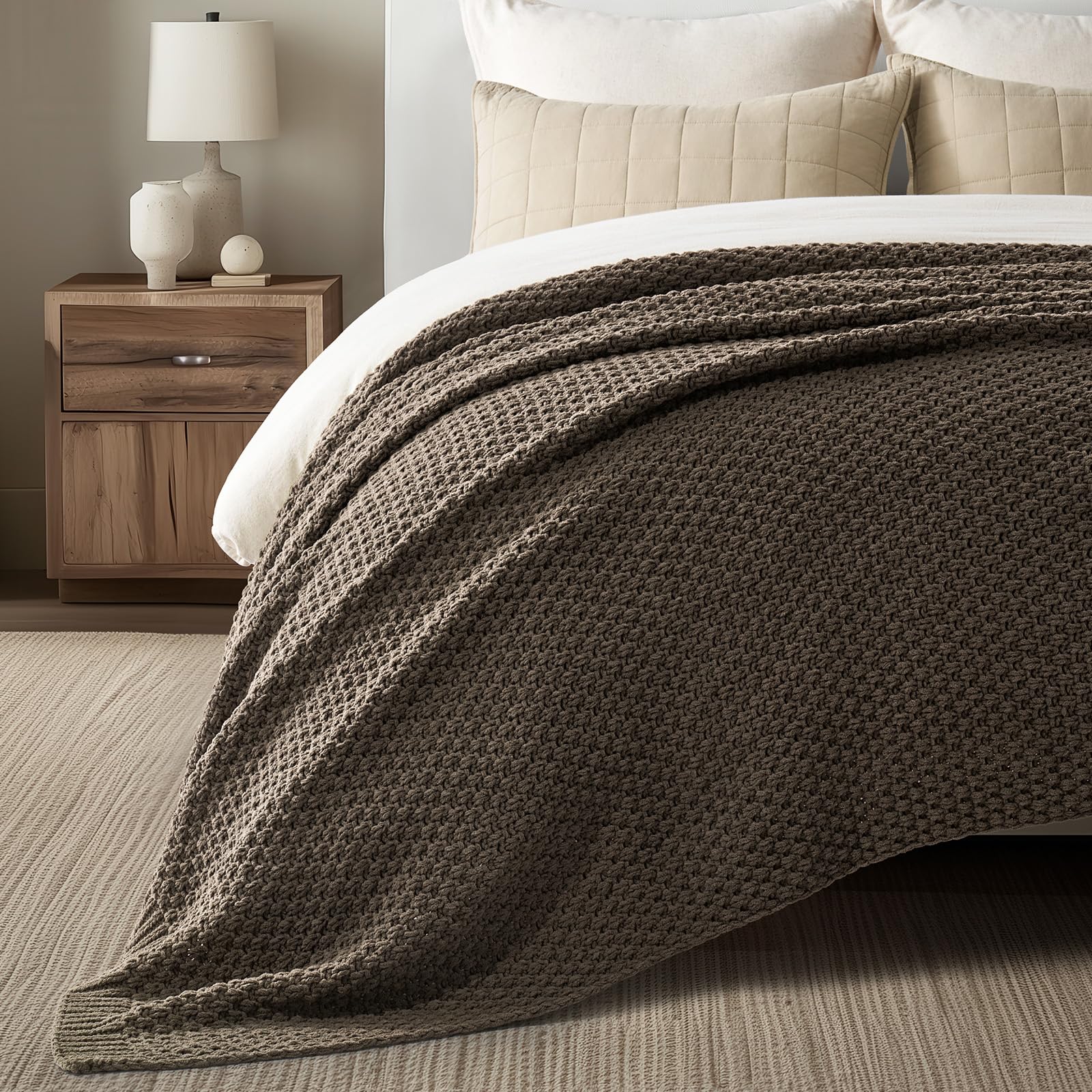 EVERGRACEHOME Chunky Chenille Knit Throw Blanket, 90 x 90, Mocha Brown