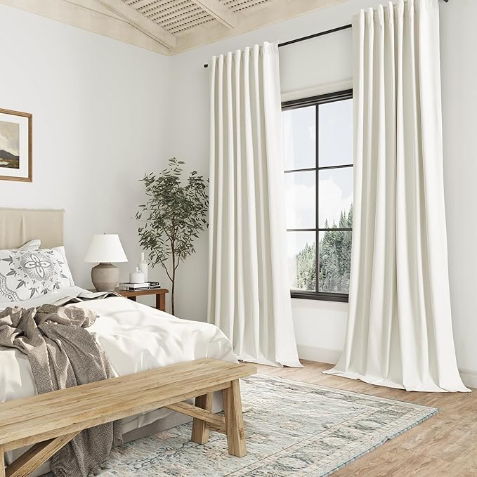 Guken Ivory 100% Blackout Linen Curtains 96 Inch Length 2 Panels Set for Living Room Bedroom Back Tab/Rod Pocket Thermal Insulated Black Out Drapes Room Darkening Window Curtains 96 Inches Long