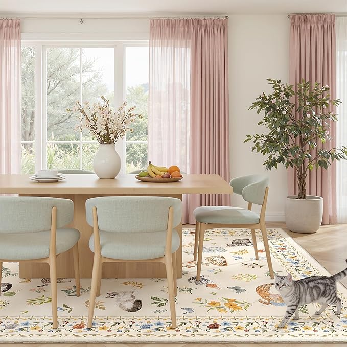 Cat 9x12 Area Rugs for Living Room, Machine Washable Animal Floral Vintage Rug Non-Slip Low Pile Soft Throw Large Rugs for Bedroom Dining Room Kitchen Nursery Playroom (9 x 12,Beige)
