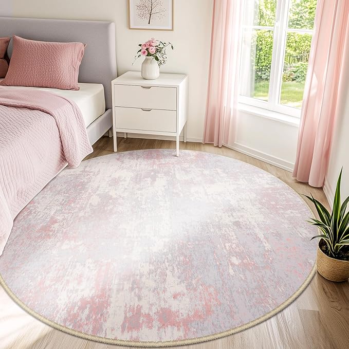 RELEANY Washable Round 8ft Area Rug for Living Room Gray Pink
