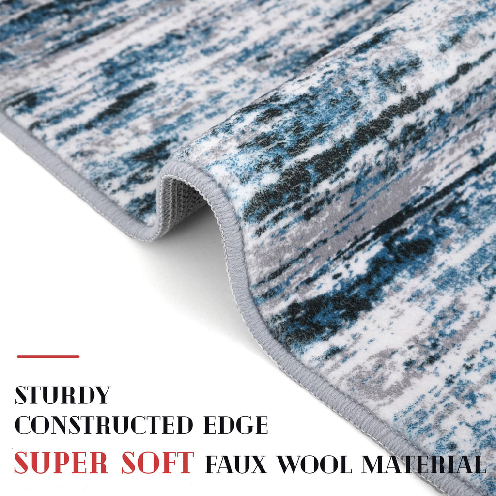 Lansny Modern Abstract Bedroom Runner Rug 2x7, Grey Blue White Washable Kitchen Runner, Non-Slip Soft Thin Faux Wool Mat for Entryway, Hallway, Laundry Room, Indoor Home Decor