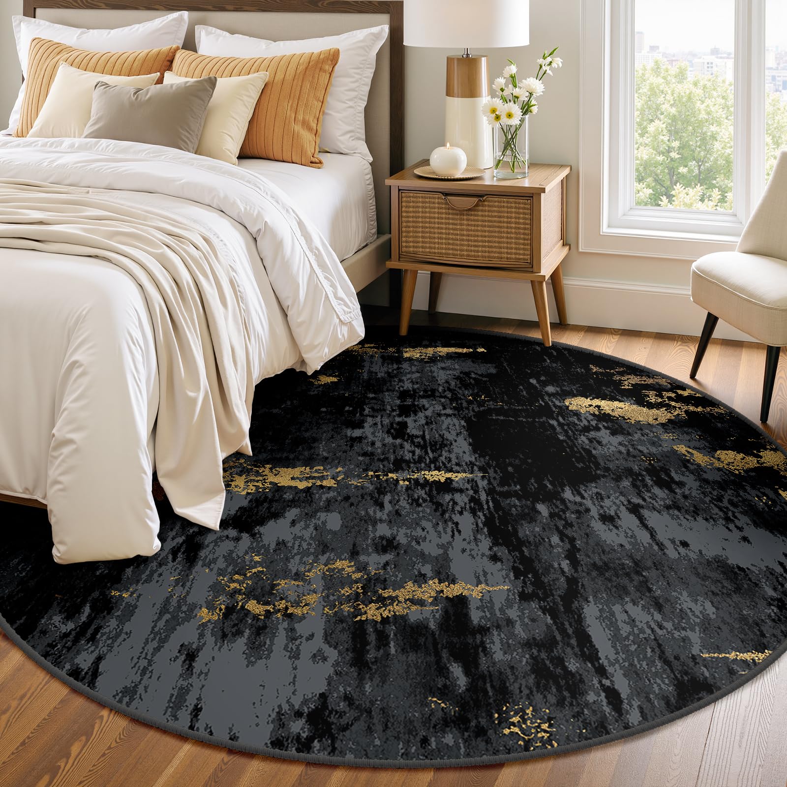 RELEANY Washable Round 6ft Area Rug for Living Room Black Gold