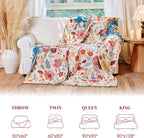 MSGKV Boho Throw Blanket for Bed Twin Size 100% Cotton Floral Blanket 60"x80" for Sofa Couch Muslin Spring Breathable All Seasons Lightweight Farmhouse Blankets Home Decor