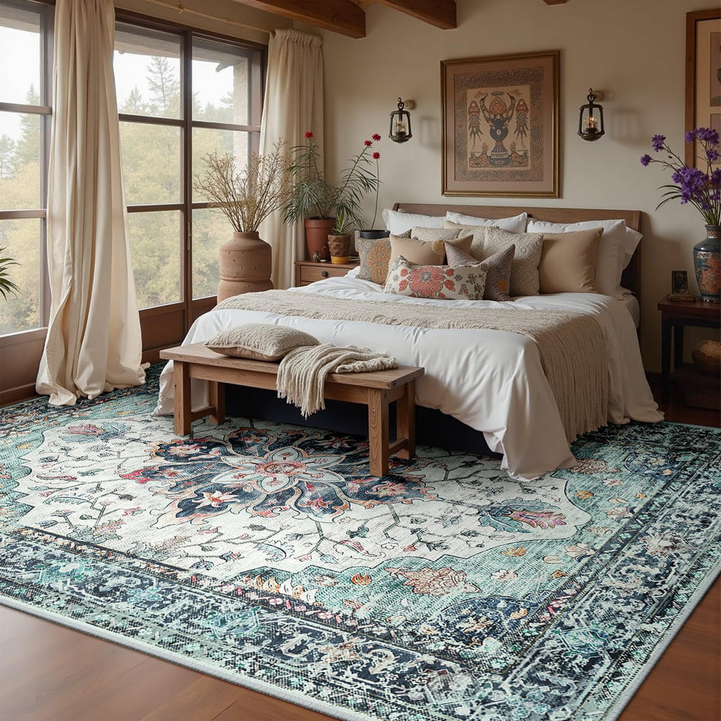RELEANY Washable Area Rug, 8'x10', Teal Green/White/Navy
