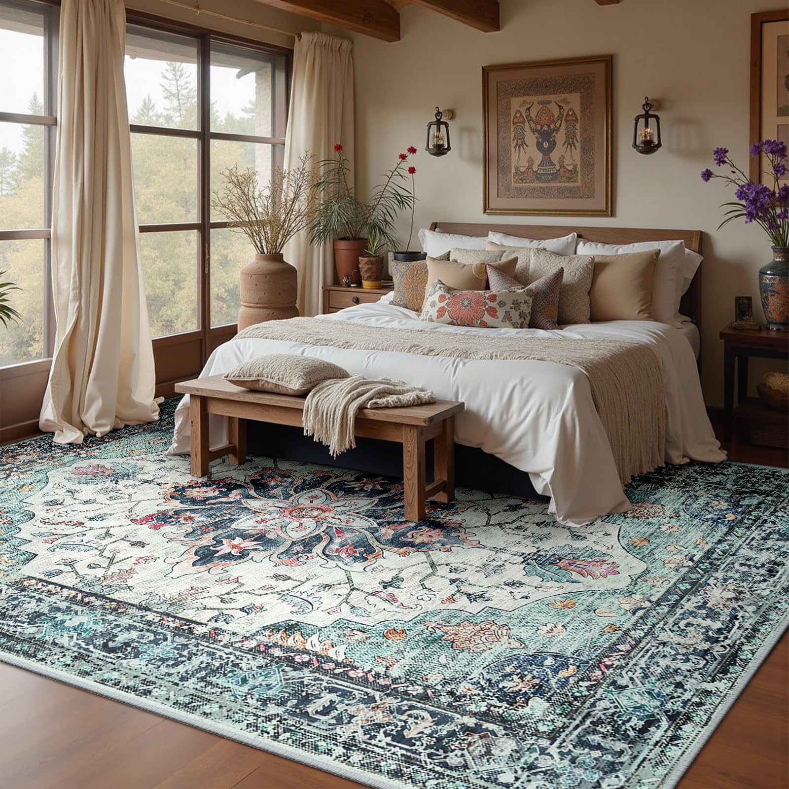 RELEANY Washable Area Rug, 8'x10', Teal Green/White/Navy