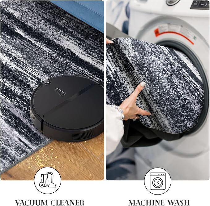 Lansny Modern Abstract Runner Rug 2x6, Black Grey Washable Entryway Runner Non-Slip Soft Hallway Rug Runner Thin Print Faux Wool Carpet for Kitchen Bedroom Laundry Room Indoor