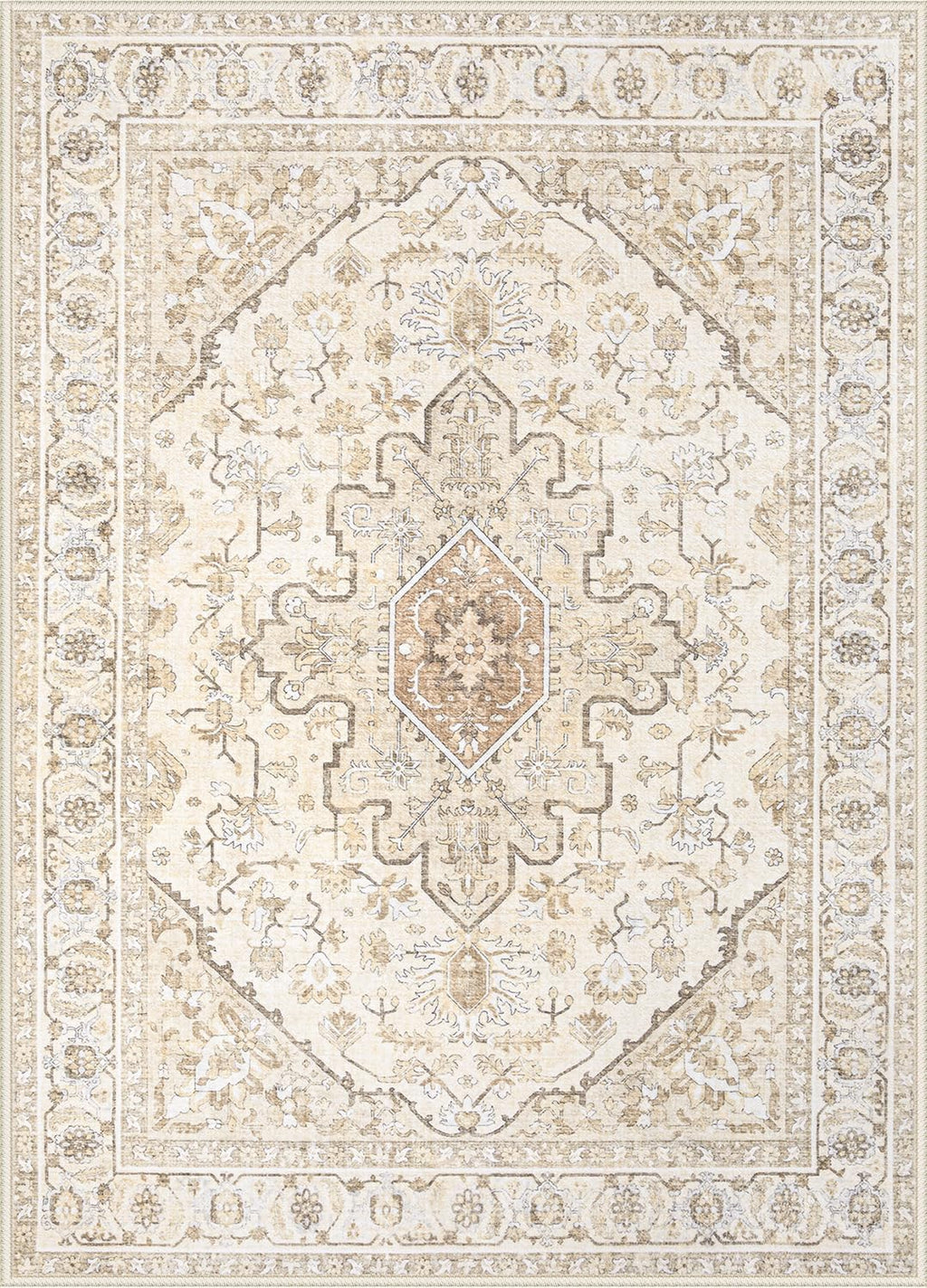 Area Rugs 9x12 Vintage Rug: Large Washable Living Room Rug Retro Medallion Distressed Soft Low Pile Non-Slip Indoor Floor Carpet for Bedroom Dining Table Office (BeigeBrown,9'x12')