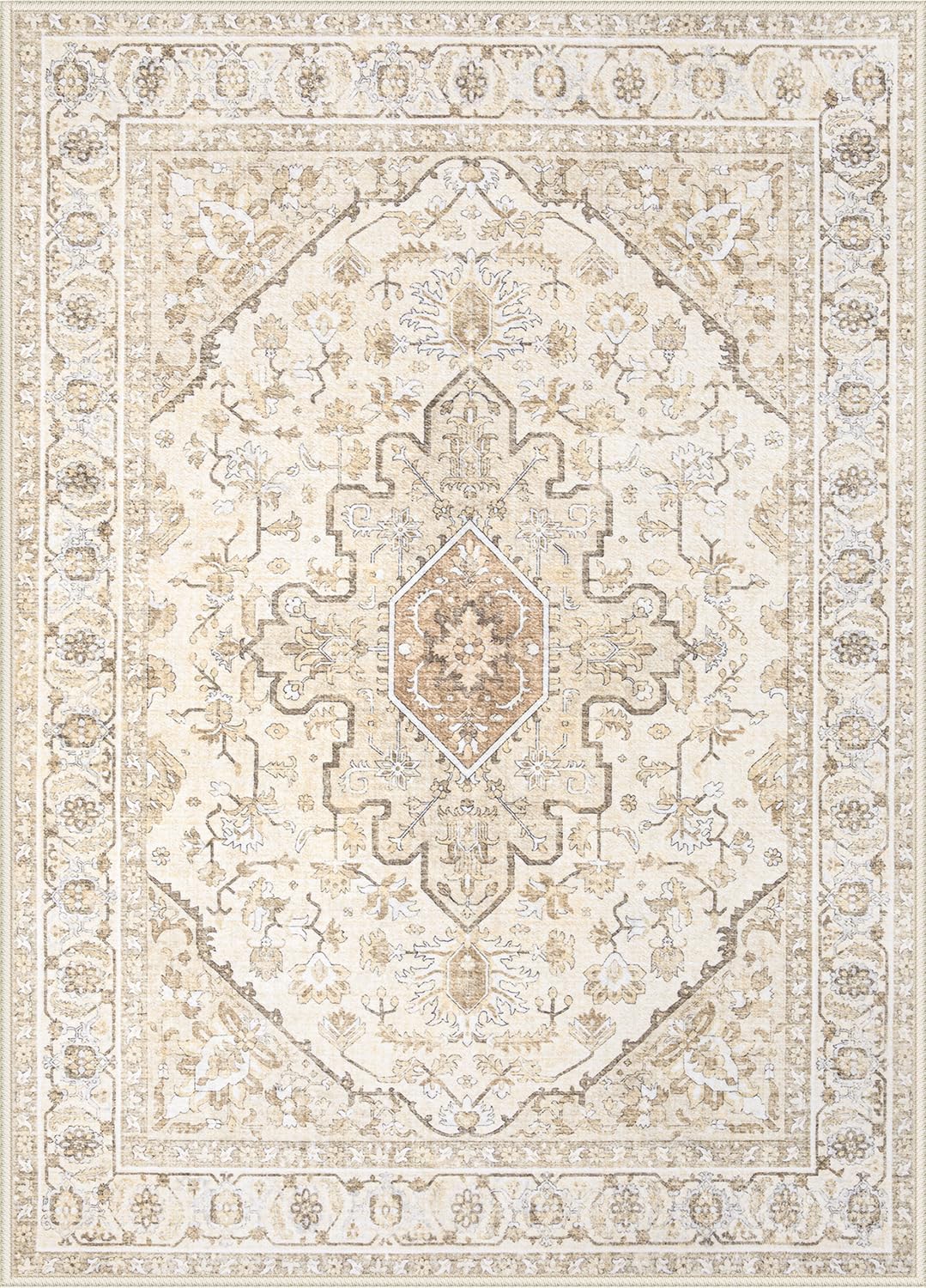 Area Rugs 9x12 Vintage Rug: Large Washable Living Room Rug Retro Medallion Distressed Soft Low Pile Non-Slip Indoor Floor Carpet for Bedroom Dining Table Office (BeigeBrown,9'x12')