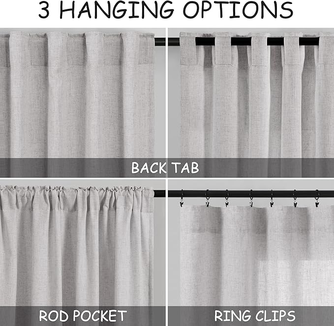 Nanspring Grey Linen Semi Sheer Curtains 108 Inches Long 2 Panels Back Tab Loop Pocket Boho Large Window Curtains Extra Long Light Filtering Drapes High Ceiling Curtains for Living Room 40x108