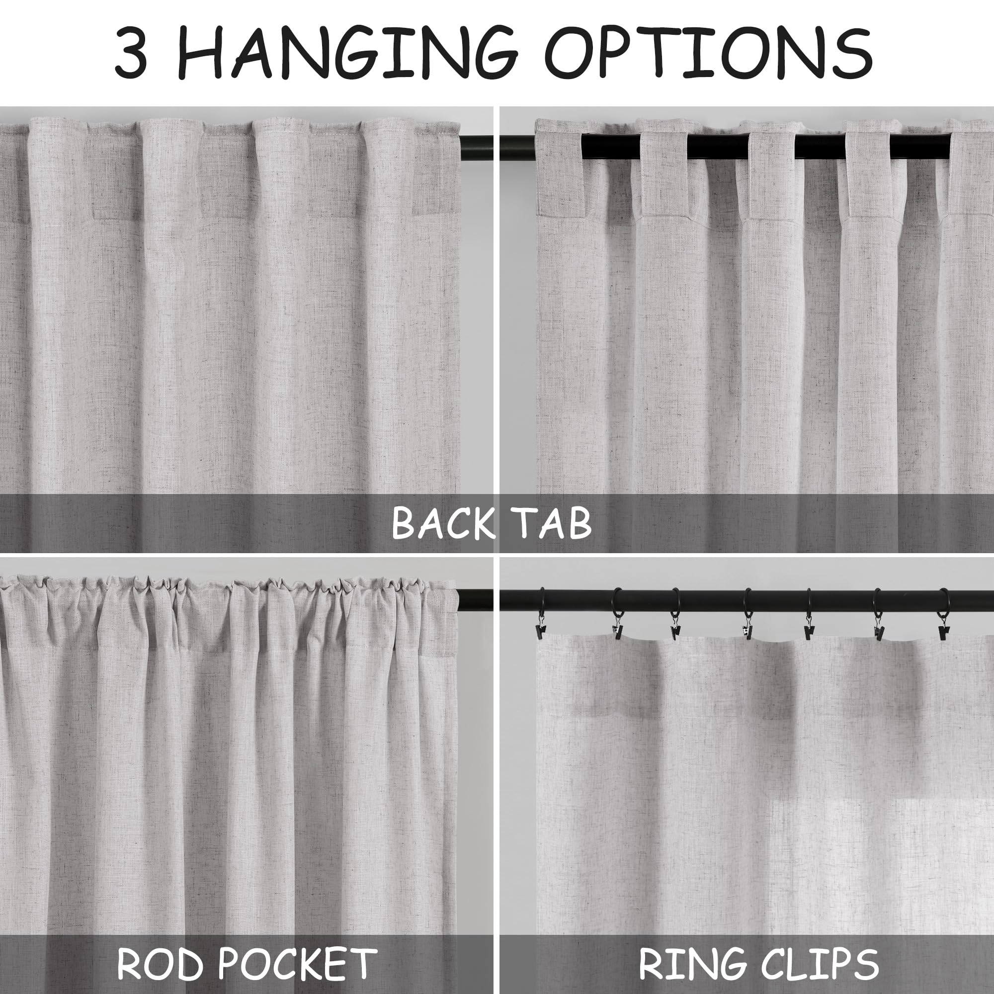 Nanspring Grey Linen Semi Sheer Curtains 72 Inches Long 2 Panels Set for Bedroom Back Tab Rod Pocket Light Filtering Drapes Cotton Textured Grey Farmhouse Living Room Curtain 52X72 Inches