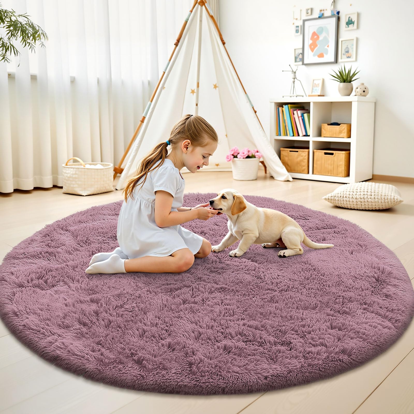OLANLY Blush Round Rugs for Bedroom - Machine Washable, 6 ft Circle Area Rugs for Living Room, Soft and Fluffy Shaggy Carpet for Teen Girls and Boys, Nursery Rooms, Dorms, Home Decor Aesthetic