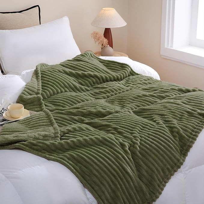 Olive Green Fleece Throw Blanket 60”×80” for Couch Sofa Bed,Super Soft Cozy Plush Microfiber Flannel Blanket with Stripes Design Lightweight for Adults,Woman,Girls