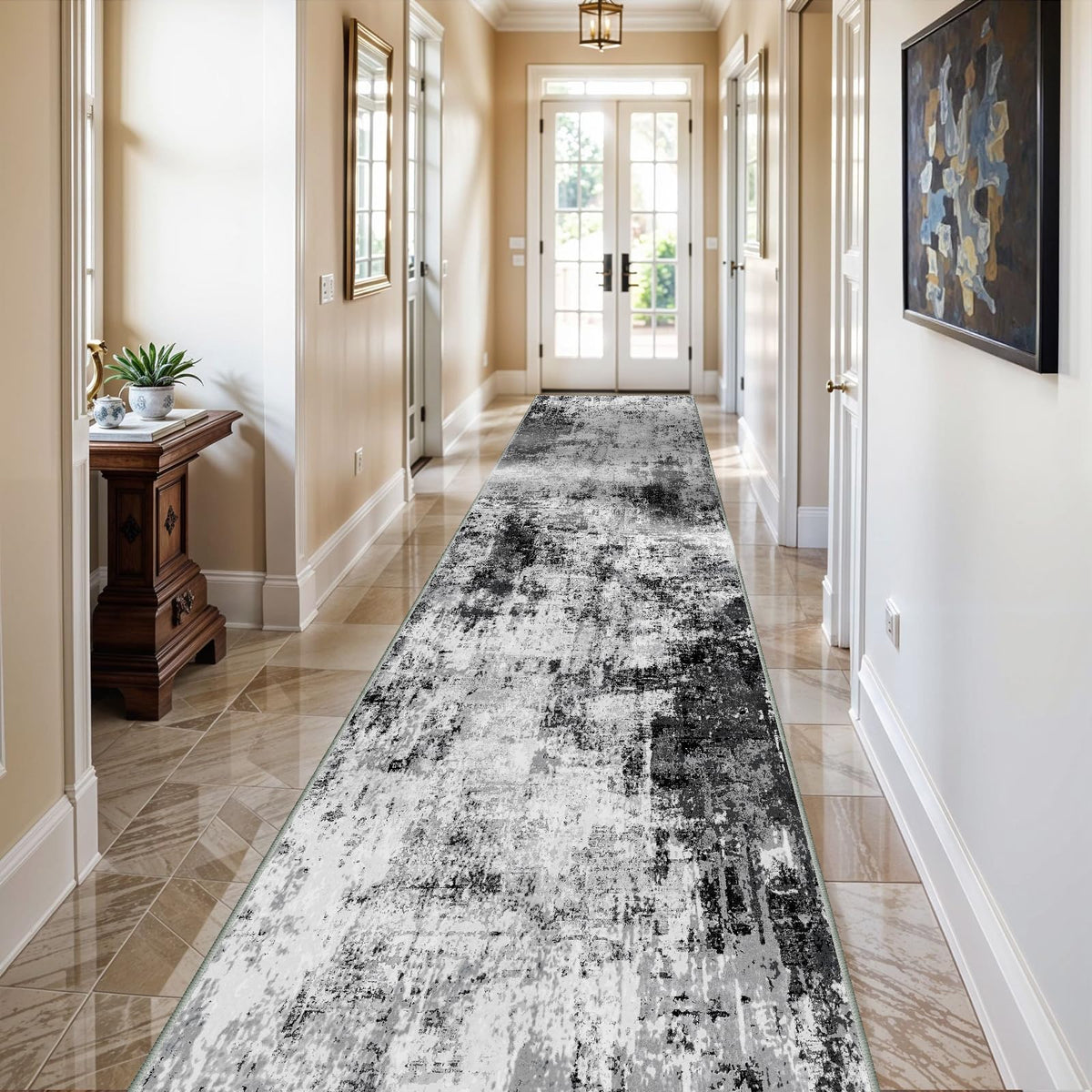 3x16 Washable Hallway Runner Rug: Extra Long Runners for Entryway Living Room Dining Room - Stain and Water Resistant Rugs with Non-Slip Backing - Soft Low-Pile Carpet 16ft Grey