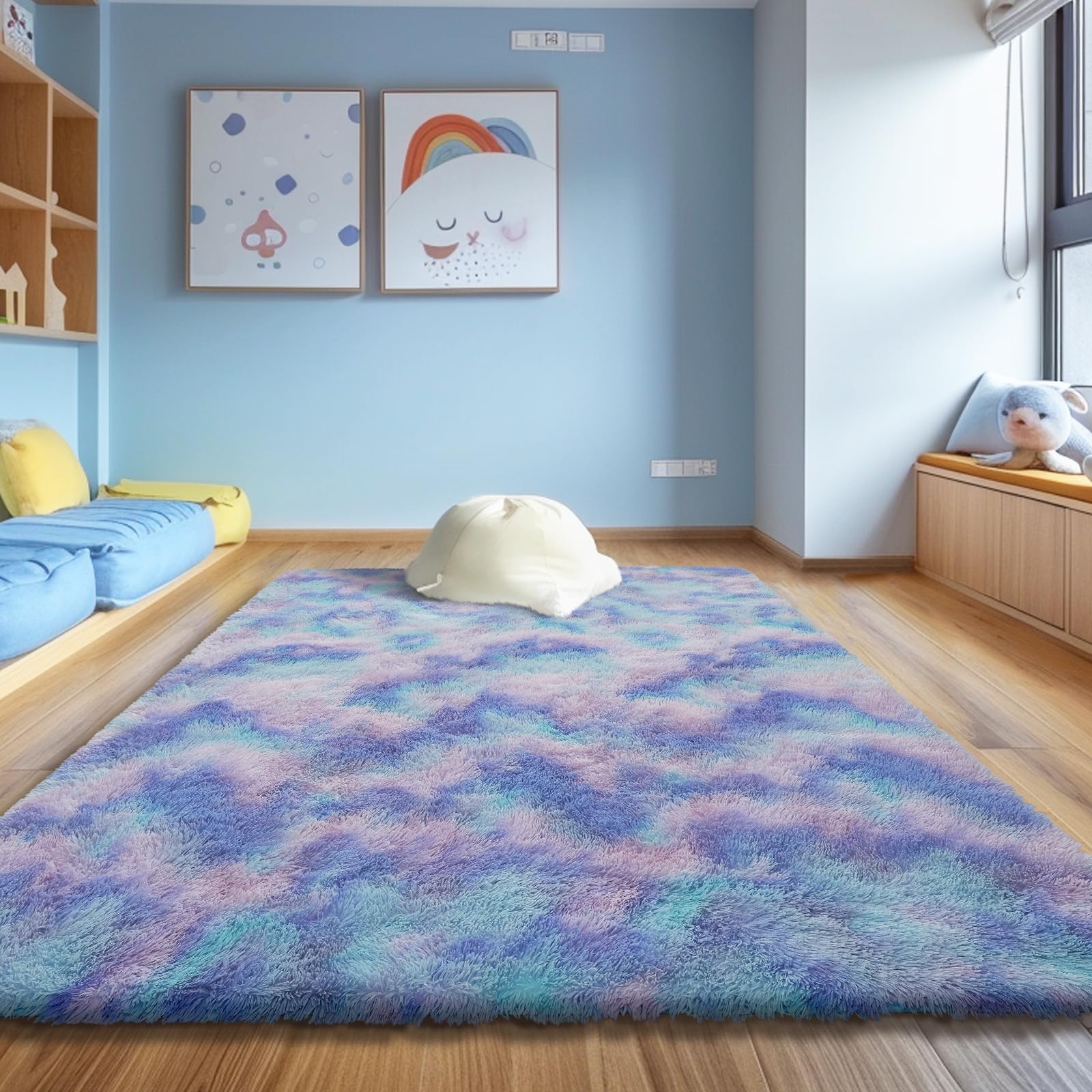 3x5 Area Rug for Bedroom, Rainbow Purple Fluffy Shag Rug Plush Carpet