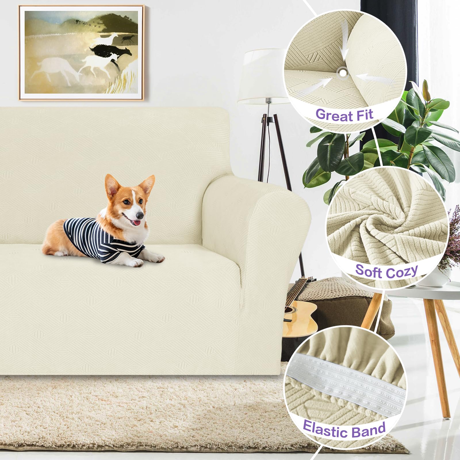 ZNSAYOTX Oversized Super Stretch Couch Cover (92"-115"), New Striped Sofa Covers Comfortable & Durable, Dog Cat Pets Friendly Extra Large Spandex Sofa Slipcovers (Beige, XL Sofa)