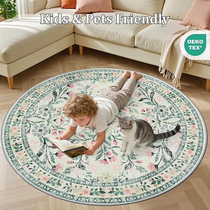 PLHXFR Round Area Rug Living Room: 6 ft Floral Washable Carpet Green Beige