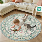 PLHXFR Round Area Rug Living Room: 6 ft Floral Washable Carpet Green Beige