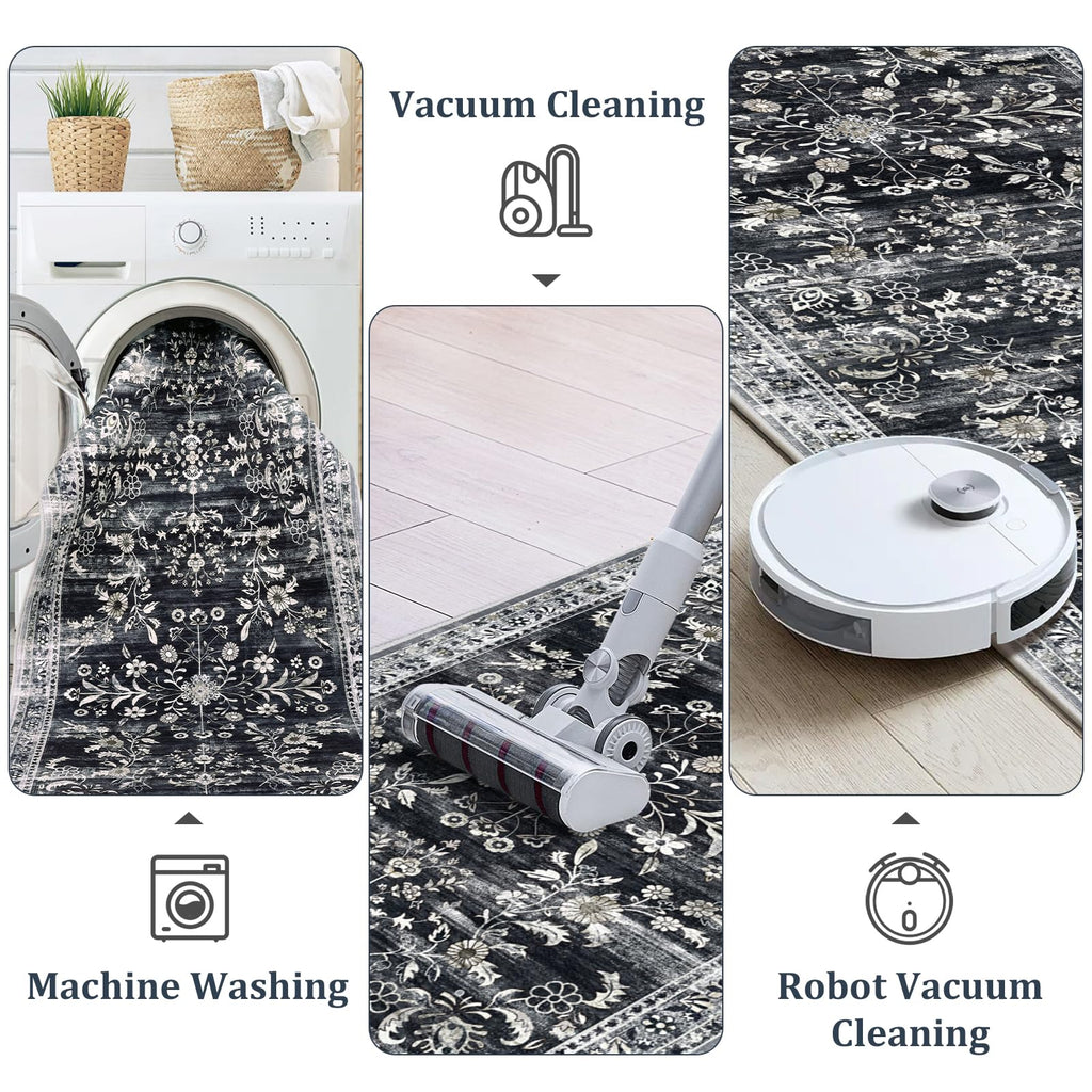 Yamaziot 2x6 Washable Hallway Runner Rug Non Slip Floral Carpet, Black