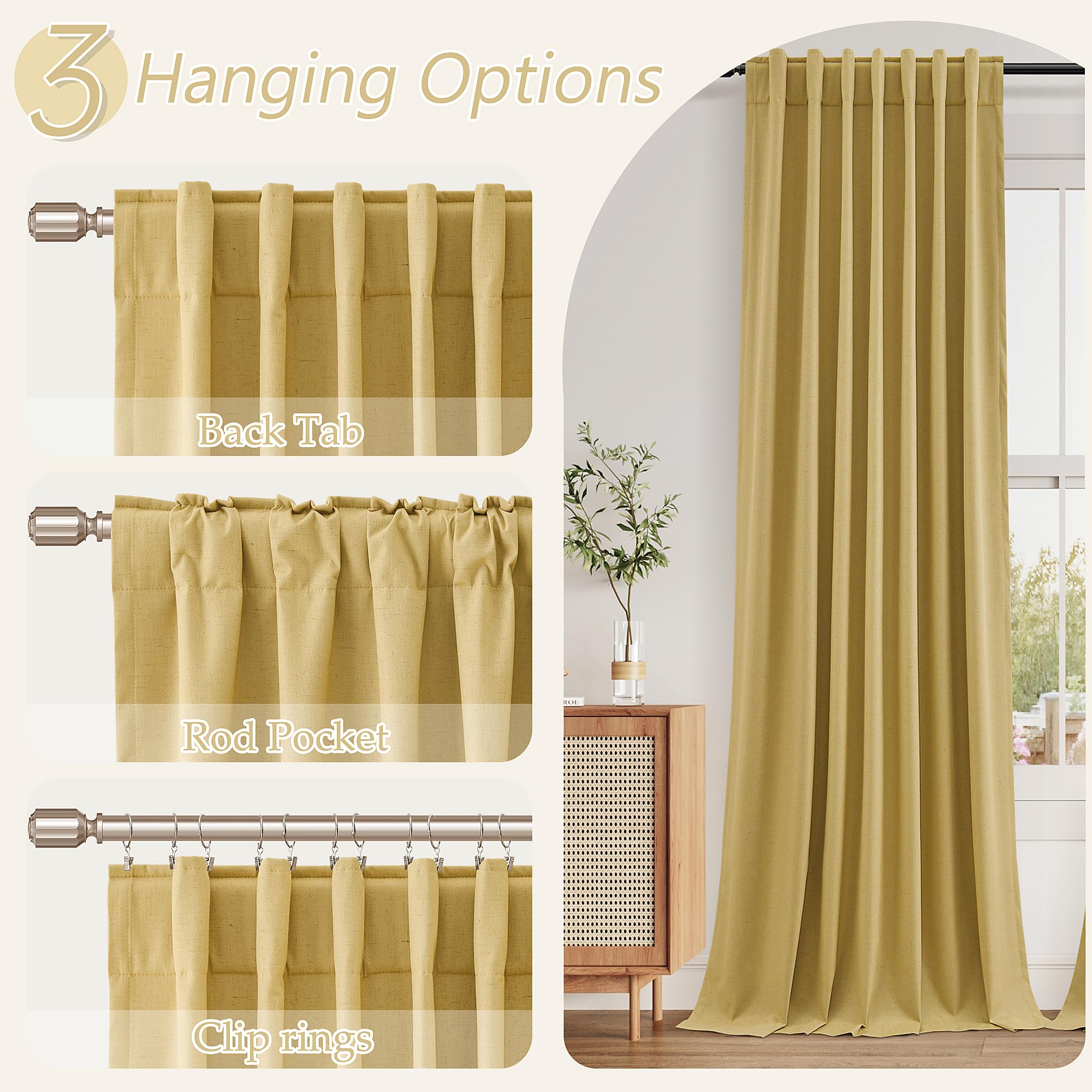 Guken 100% Blackout Curtains 63 Inch Length 2 Panels Set for Living Room Bedroom Back Tab Thermal Insulated Black Out Linen Drapes Room Darkening Window Curtains 63 Inches Long,Gold
