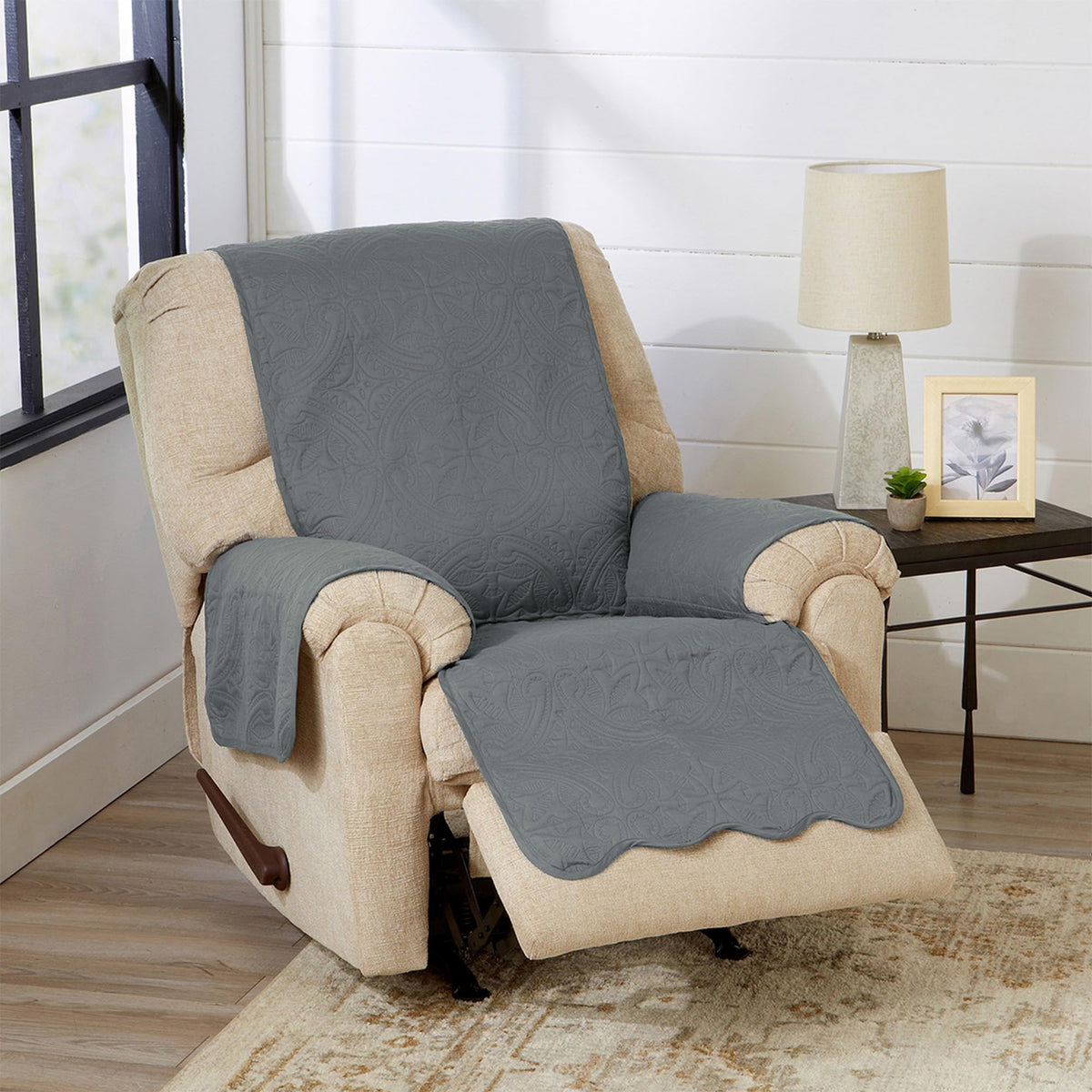 Great Bay Home Reversible Patchwork Chair Cover - Washable Slipcover Furniture Protector with Elastic Straps - Perfect for Kids & Pets - Box-Stitched Detail (Grey)