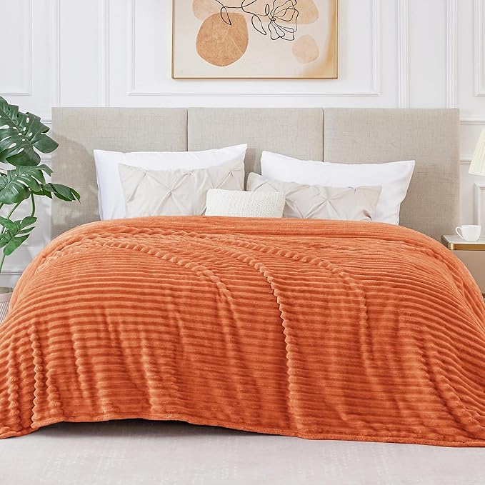 BEDELITE Ribbed Jacquard Burt Orange King Size Blanket for Bed, 108x90 Inch