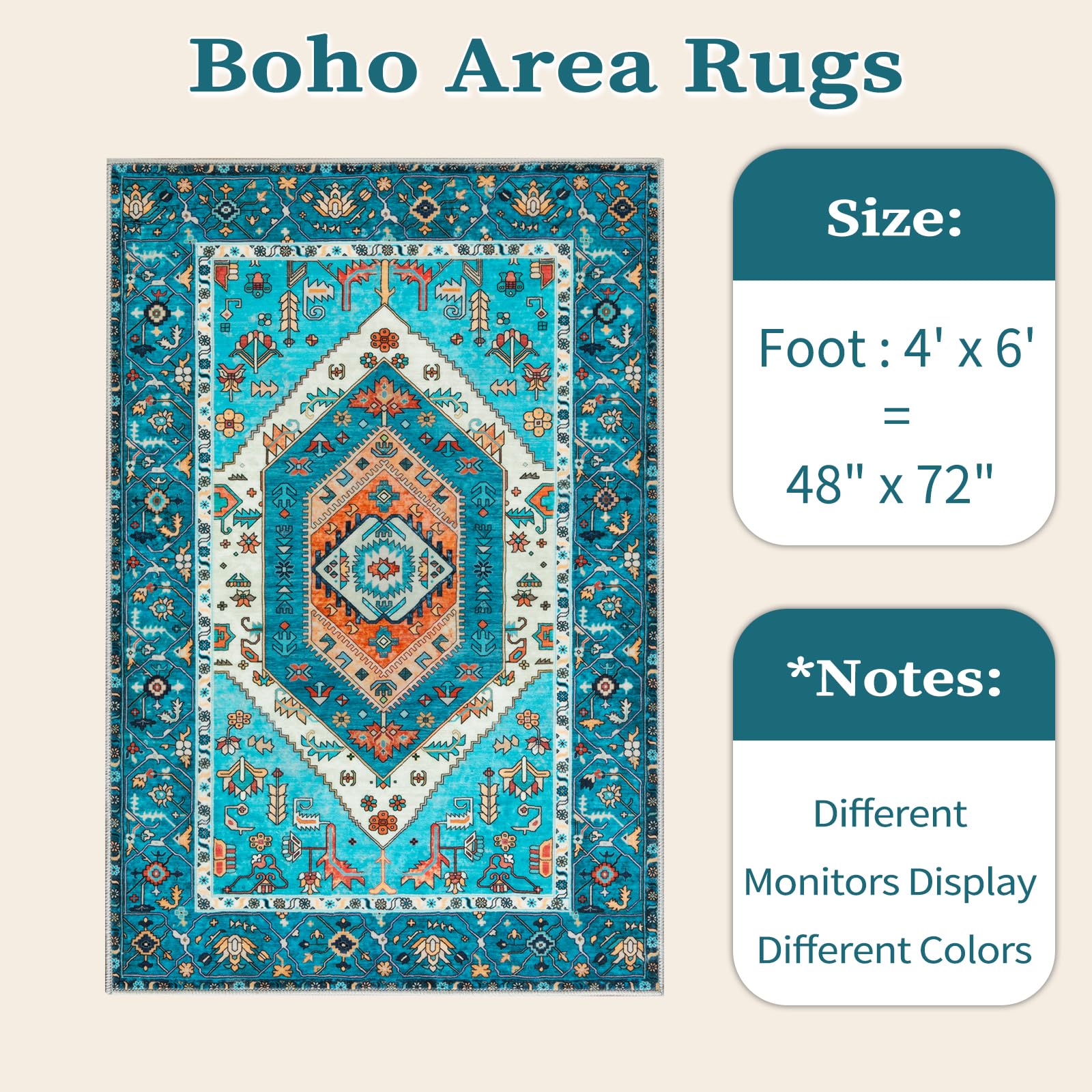 SERISSA 4x6 Washable Non Slip Boho Area Rug for Bedroom，Blue