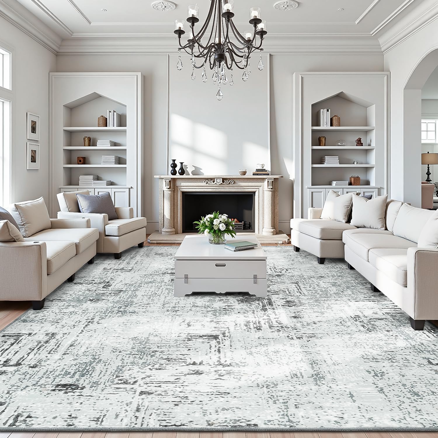 Rugflix 9x12 Area Rugs for Living Room, Washable Blue Grey Large Rug