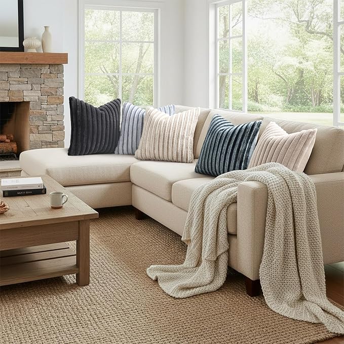 decorUhome Cozy Faux Fur Throw Pillow Covers 20x20 Set of 2 Decorative Soft Plush Striped Modern Farmhouse Boho Couch Pillow Cases with Velvet Back for Sofa Bed Living Room, Grey White