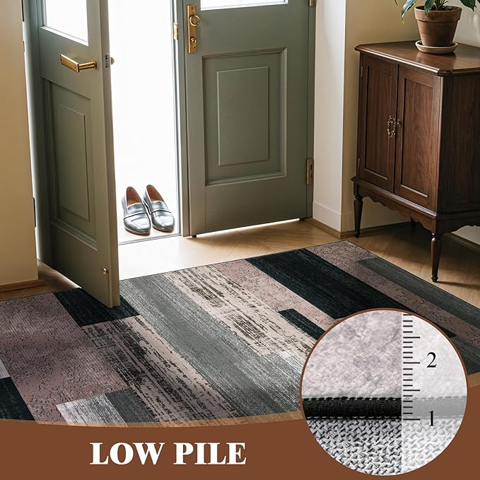 LIANLAM 4x6 Washable Area Rugs for Living Room and Bedroom, Vintage Checkered Pattern Non-Slip Carpet, Stain Resistant Low Pile Soft Rug for Dining Room,Office,Nursery,Kids Room(4x6,Chocolate)