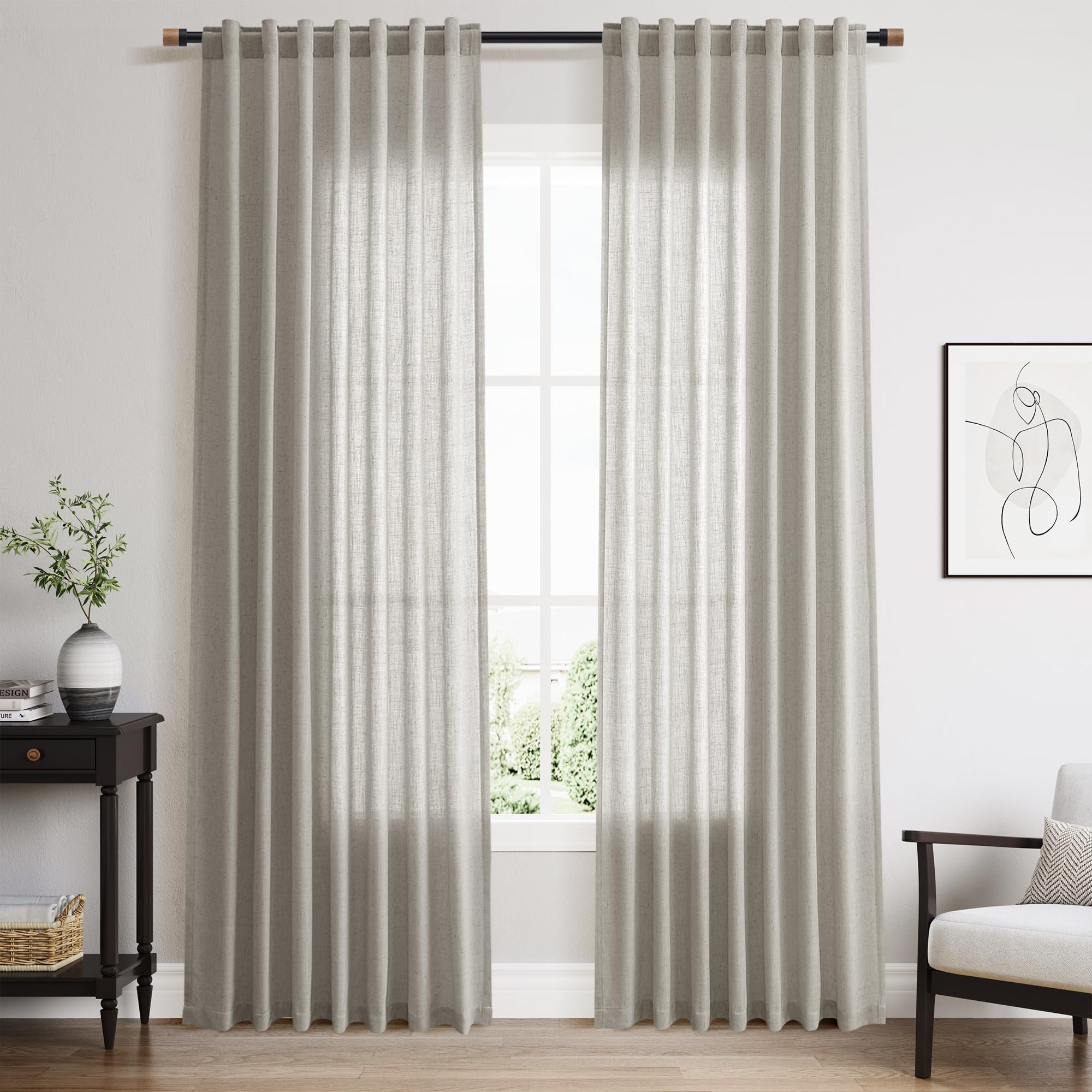 Silver Grey Linen Back Tab Curtains 84 Inch Length for Bedroom Neutral Modern Farmhouse Window Privacy Semi Sheer Linen Drapes Rustic Pinch Pleated Look Curtain for Living Room 52x84,2 Panel