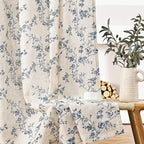 Lazzzy 90 Inch Length Curtain for Living Room Bedroom Blue Floral Drapes Linen Farmhouse Vintage Light Filtering Curtains Rod Pocket Back Tab, 2 Panels, Blue on Beige