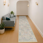 Hazo Haus Washable Beige Blue 2x10 Runner Rug for Hallway Kitchen Mudroom, Non-Slip Stain Resistant Extra Long Floor Mat 10 ft - Vintage Floral Aethestic Decor