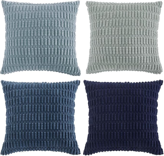 Fancy Homi Set of 4 Blue Boho Decorative Throw Pillow Covers 28x28 Inch for Couch Bed Sofa, Aesthetic Modern Bohemian Room Decor, Fuzzy Fluffy Cozy Corduroy Textured Coastal Blue Cushion Case 71x71cm