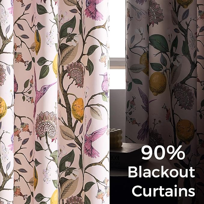 Topfinel Pink Curtains 102 Inches Long Cute Sound Dampening Pretty Vintage Elegant Whimsical Floral Hummingbird Dusty Rose Drapes for Girls Kids Room Aesthetic Living Room 2 Panels