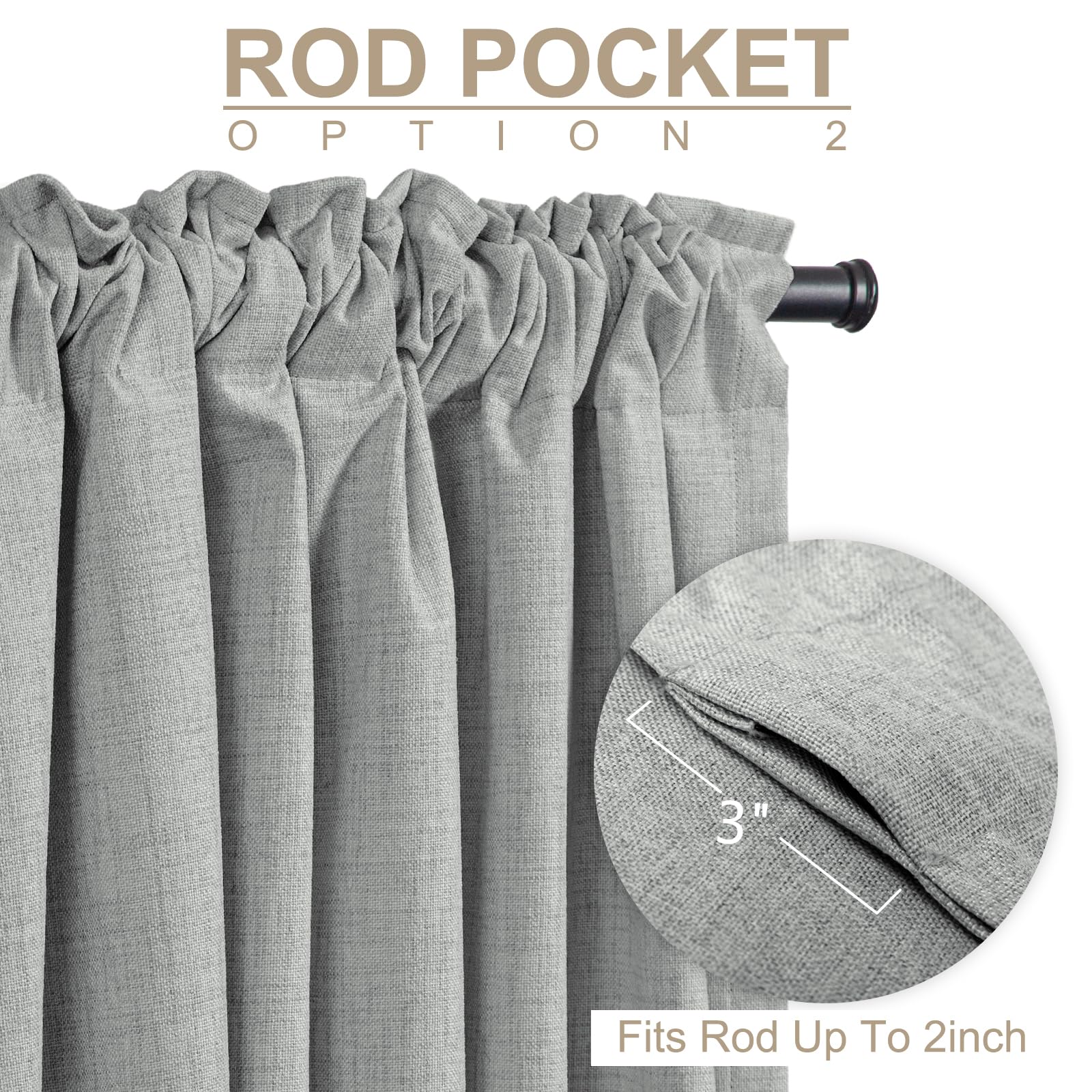 Linen Textured Total Blackout Curtains for Bedroom 102 Inches Long, Grey