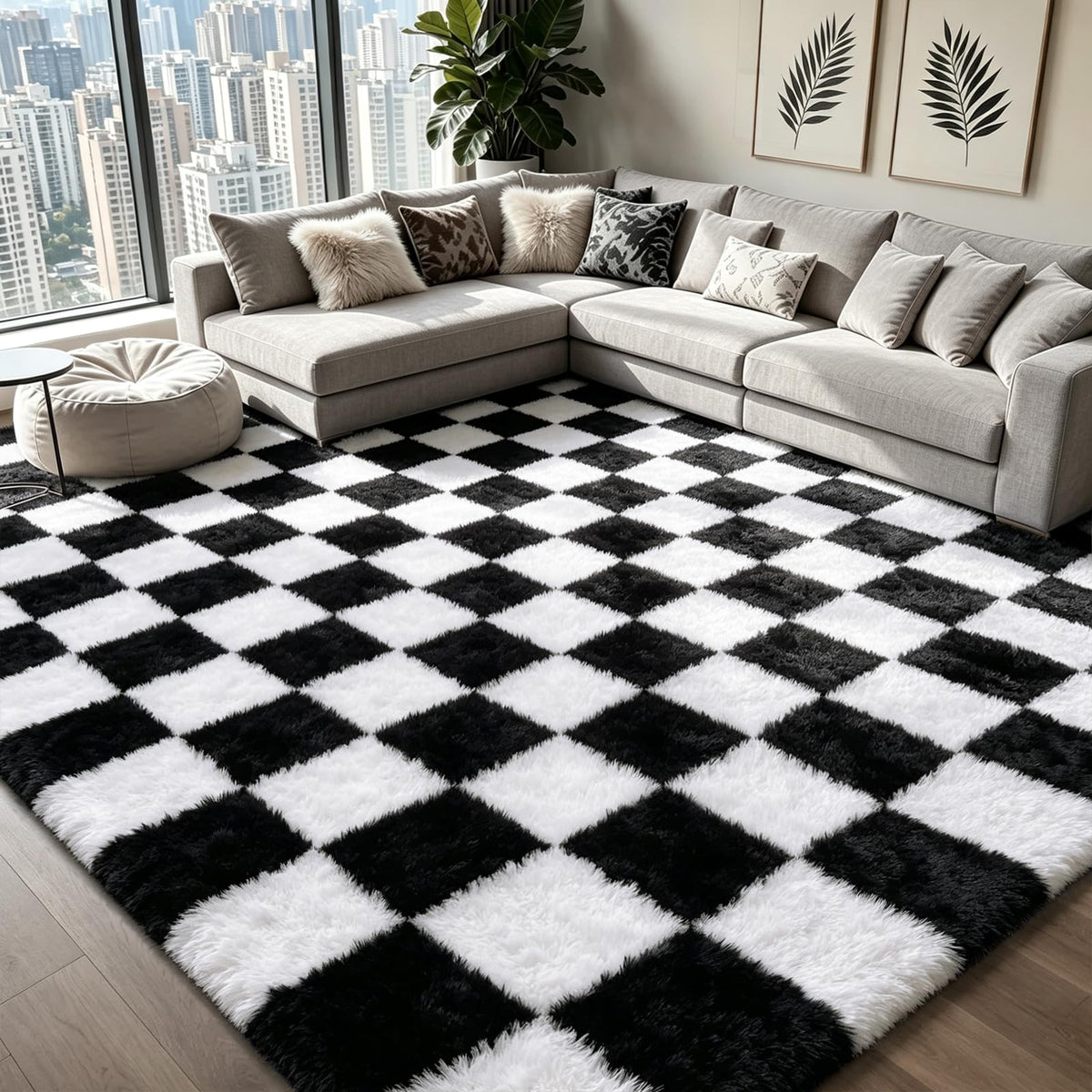 Area Rugs for Bedroom Living Room,5x8 Green and White Fluffy Soft Checkered Rug Fuzzy Shag Shaggy Carpet,Indoor Plush Floor Rugs for Teen Dorm Home Decor