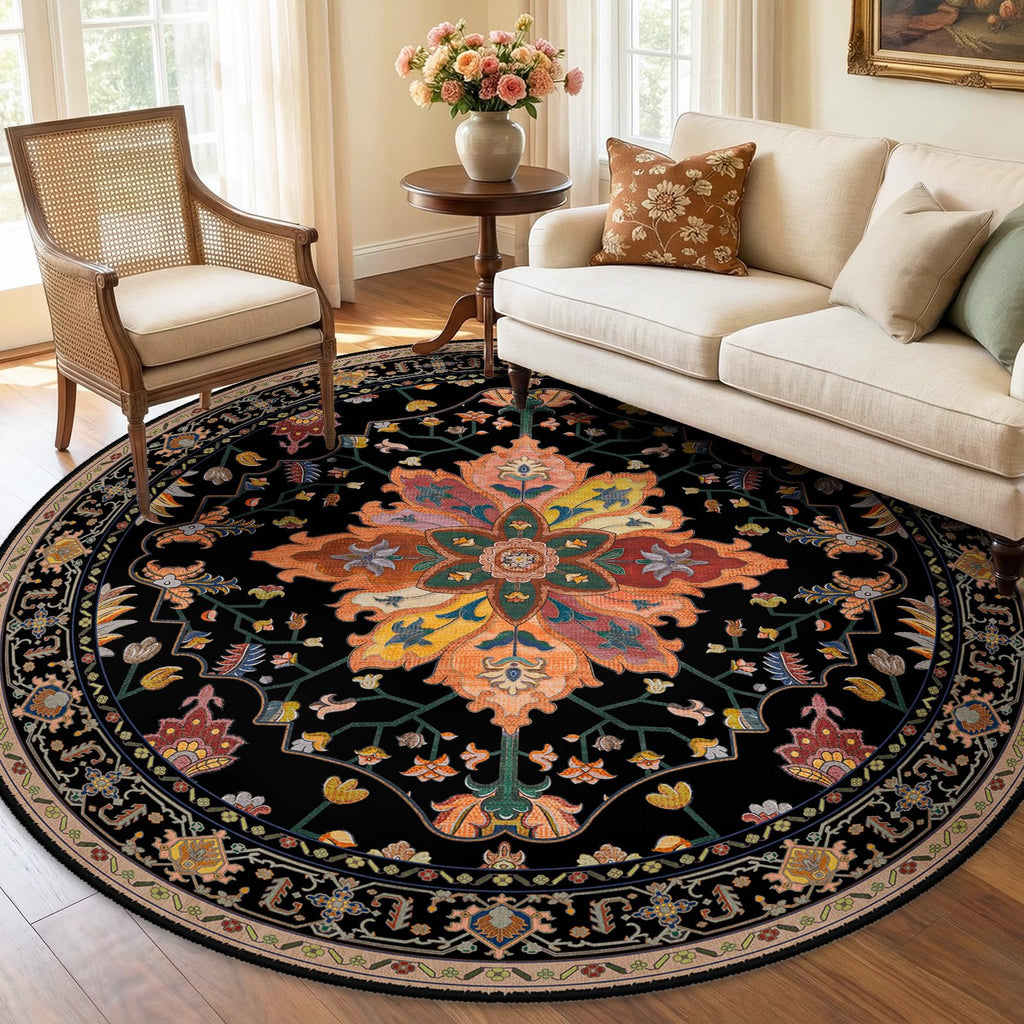 RELEANY Washable Area Rug, Round 7ft, Black/Colorful