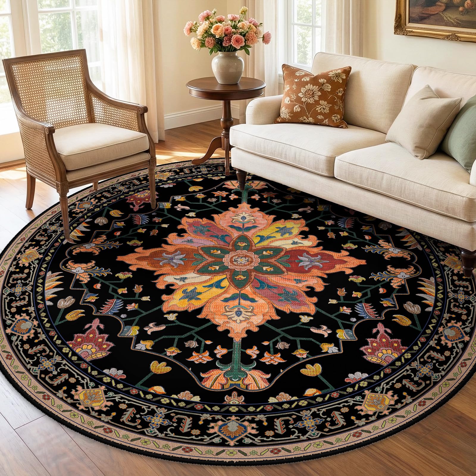 RELEANY Washable Area Rug, Round 7ft, Black/Colorful