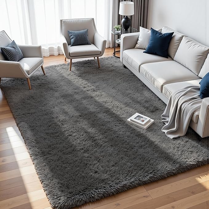 8x10 Fluffy Shag Area Rugs for Living Room Bedroom: Soft Plush Carpet Grey