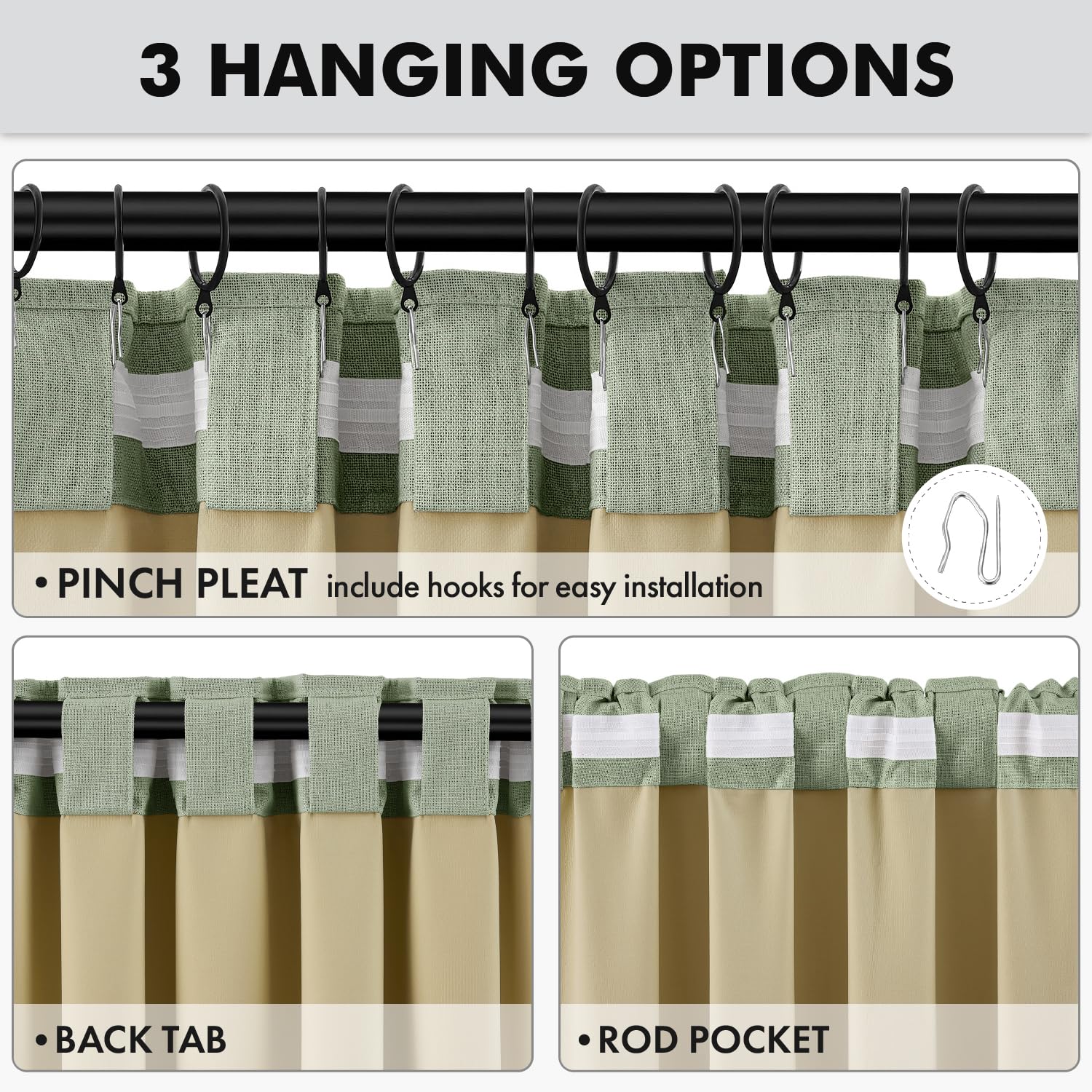 MIULEE 100% Blackout Linen Curtains 42 x 72 Inch Sage Green 2 Panels