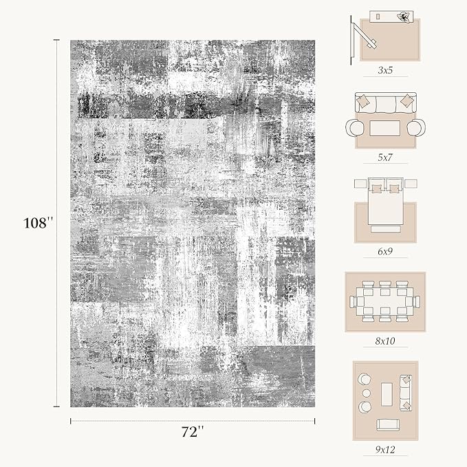 Rugflix 6x9 Area Rugs for Living Room, Washable Grey Large Rug