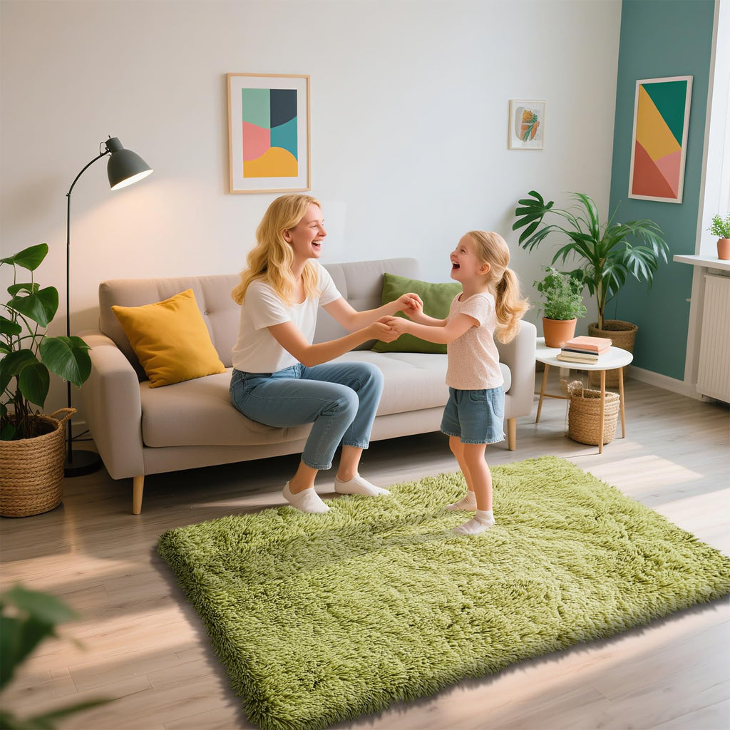 3x5 Area Rug for Bedroom,Grass Green Fluffy Shag Rug Small Rug Plush Carpet