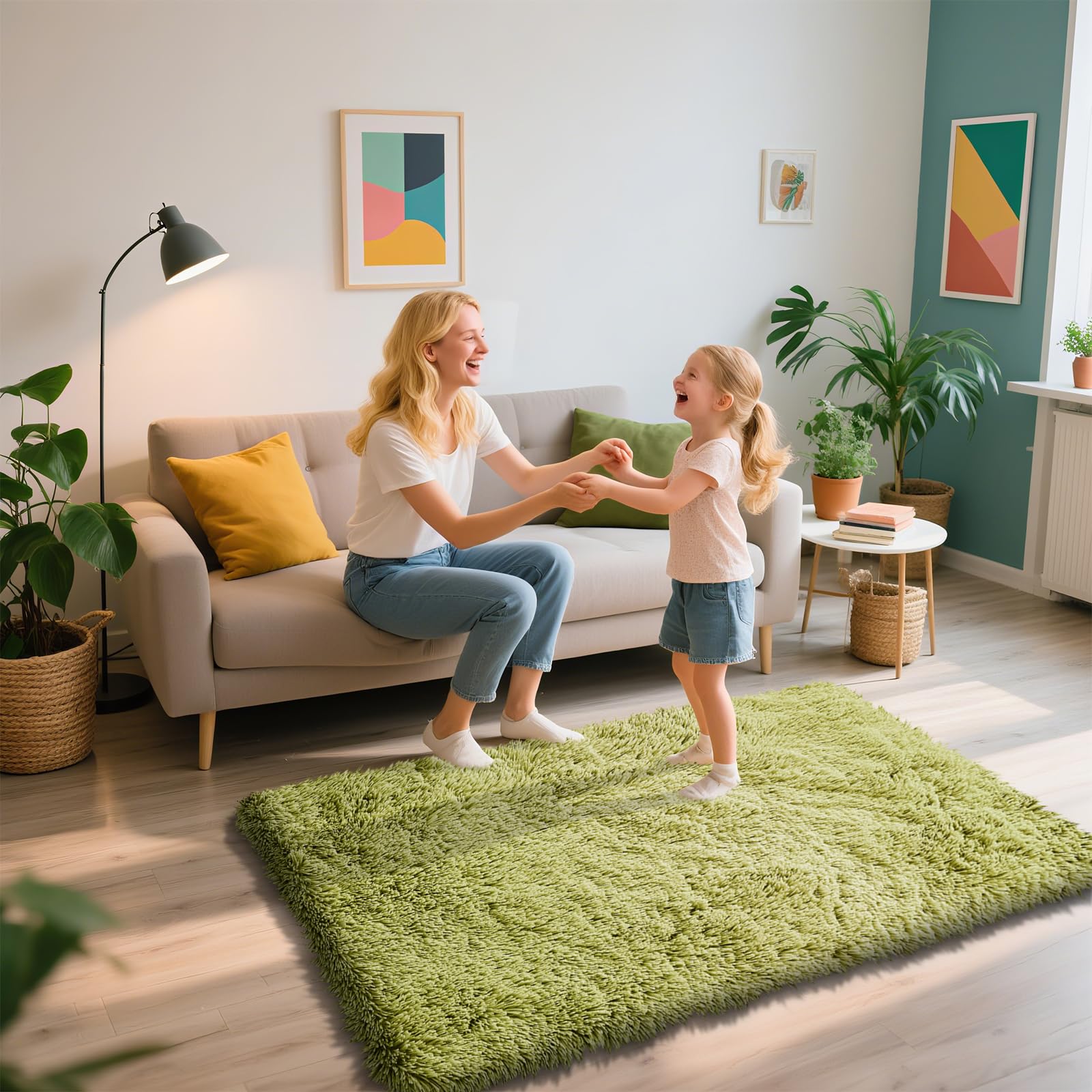 3x5 Area Rug for Bedroom,Grass Green Fluffy Shag Rug Small Rug Plush Carpet