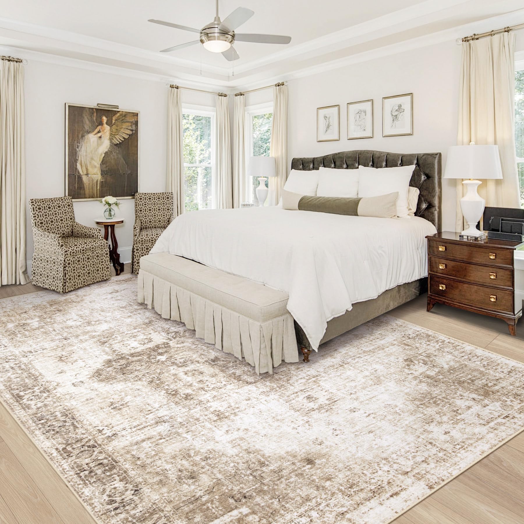 VECARF Area Rug 8x10 Washable Rug, Vintage Boho Medallion Rugs Non-Slip Soft Low Pile Large Distressed Rug Indoor Retro Carpet for Living Room Bedroom Dining Room Home Office (Brown, 8'x10')