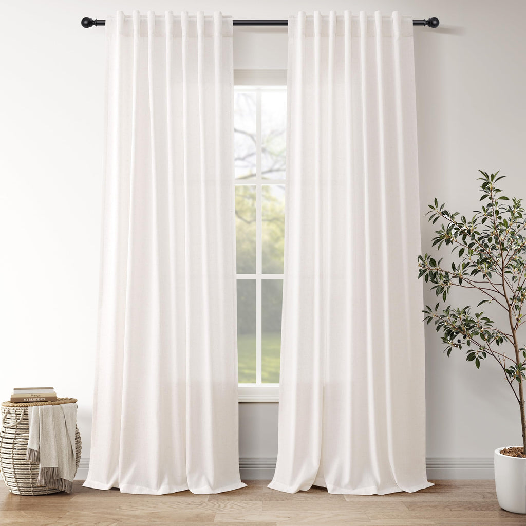 Ivory White Curtains 96 Inches Long 2 Panels for Bedroom Living Room Back Tab Semi Sheer Linen Curtain Modern Farmhouse Coastal Decor 96 inch for Patio Sliding Door Office 52X96