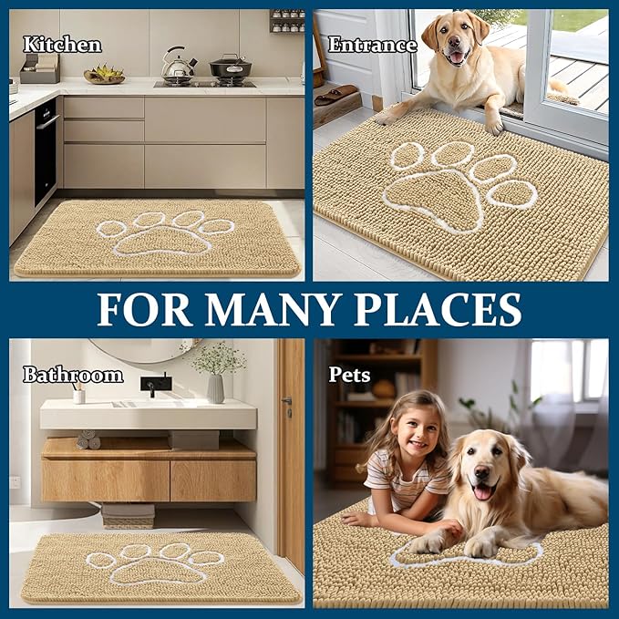 OLANLY Dog Door Mat for Muddy Paws 40x32, Paw Print Design Chenille Mud Mat