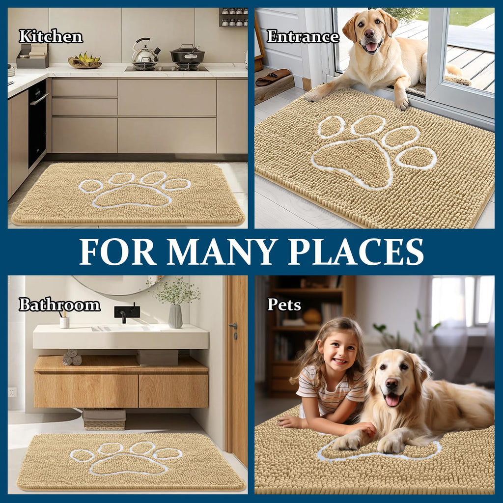 OLANLY Dog Door Mat for Muddy Paws 70x35, Paw Print Design Chenille Mud Mat