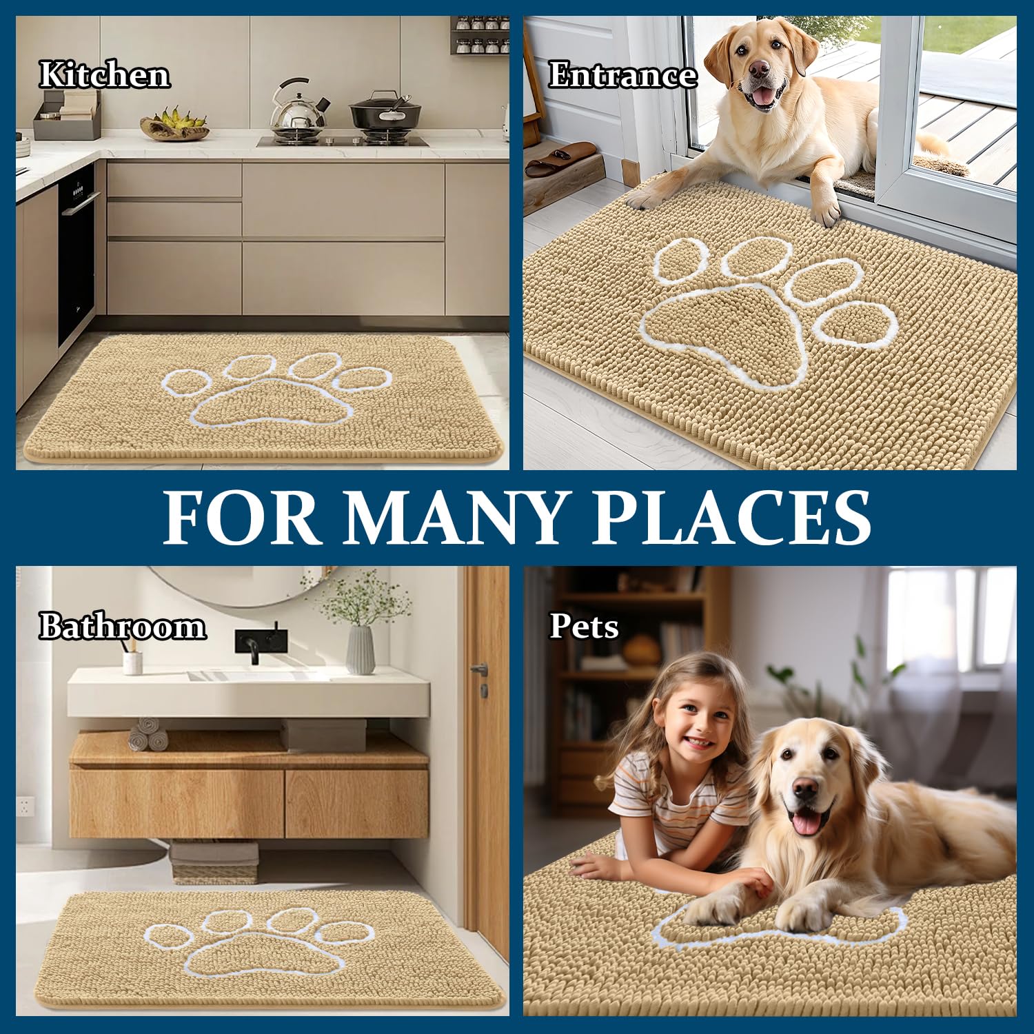 OLANLY Dog Door Mat for Muddy Paws 70x35, Paw Print Design Chenille Mud Mat