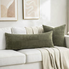 Fancy Homi Set of 2 Olive Green Boho Long Lumbar Body Decorative Throw Pillow Cover 14x36 Inch for Bed Couch Bedroom Bench, Soft Patchwork Corduroy Textured Pillow Case, Rustic Farmhouse Room Décor