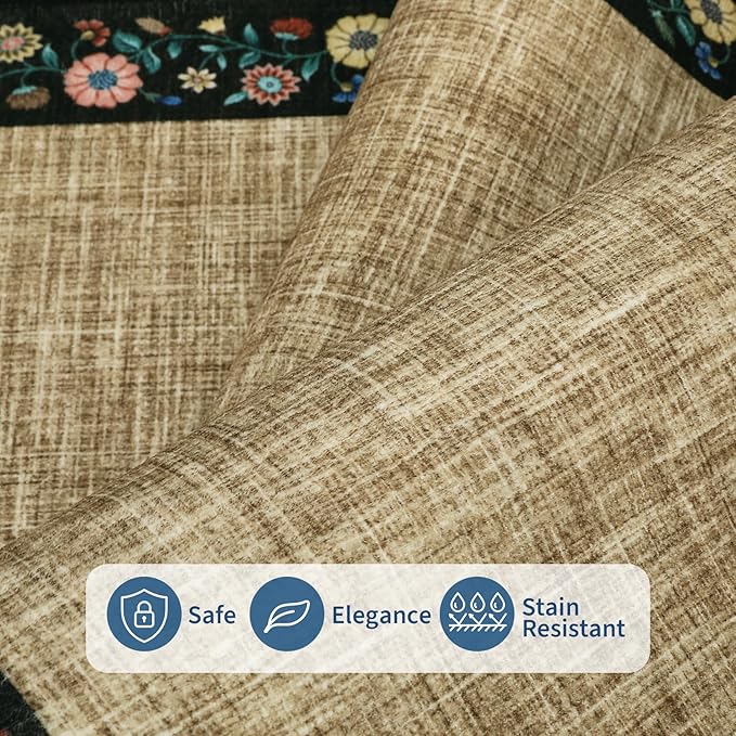 GarveeHome Washable Living Room Rug 9x12 Floral Bordered Area Rugs Soft Thin Indoor Carpet for Bedroom Modern Throw Aesthetic Mat Non Slip Stain Resistant Carpet for Dining Room Office, Yellow
